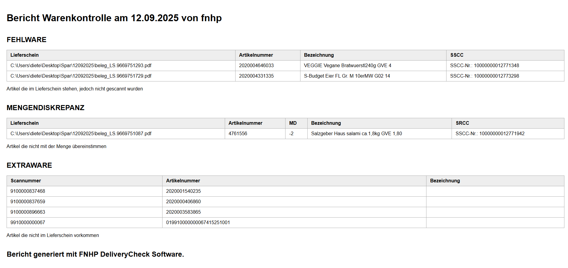 Reporting-Ansicht  in DeliveryCheck